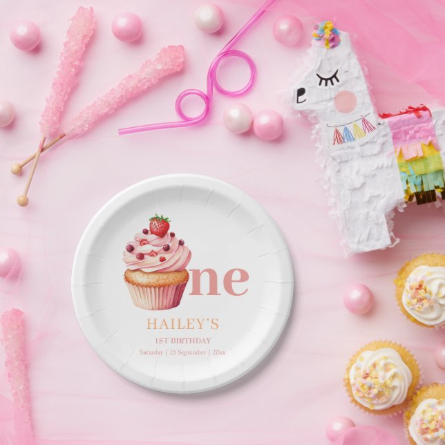 Plato De Papel Invitación de cumpleaños con cupcakes, 1er cumplea (Fiesta)