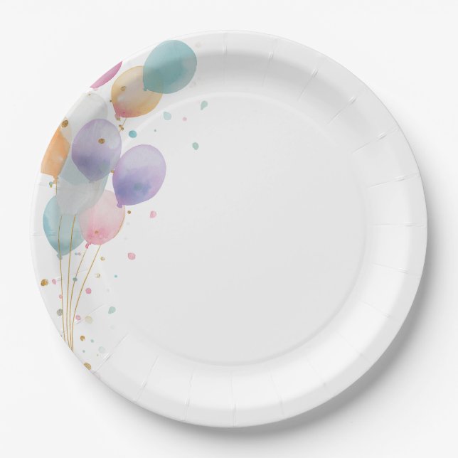 Plato De Papel Invitación de cumpleaños con globos de pastel (Anverso)