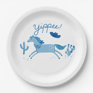 Plato De Papel Invitación de cumpleaños de Pony Occidental Azul