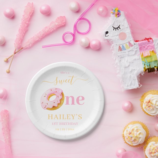 Plato De Papel Invitación de Cumpleaños de Sweet One Donuts, Niña (Fiesta)