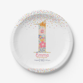 Plato De Papel Invitación de cumpleaños número uno floral caprich