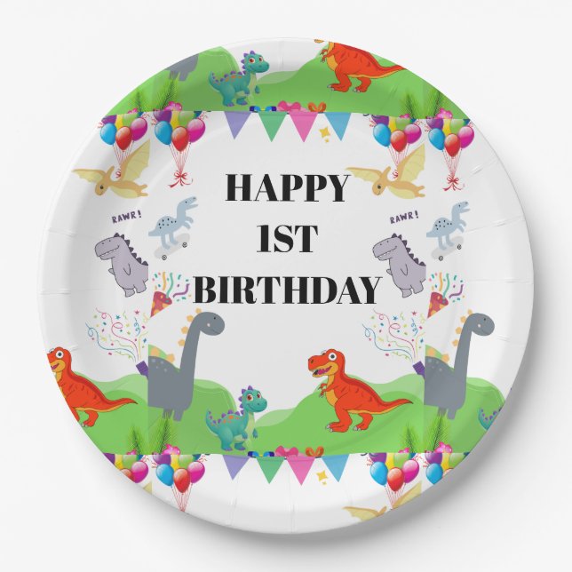Plato De Papel Invitación de Cumpleaños para Niños de Dinosaurio  (Anverso)
