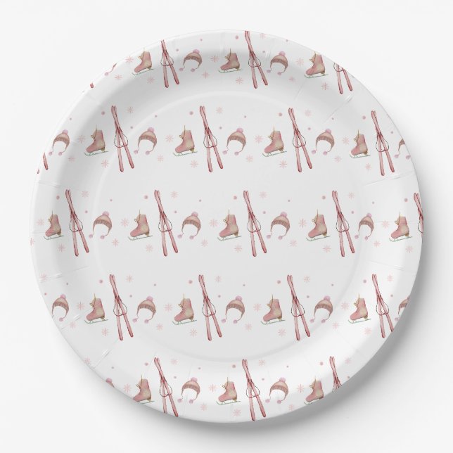 Plato De Papel Invitación de ducha de bebé de invierno rosa Après (Anverso)