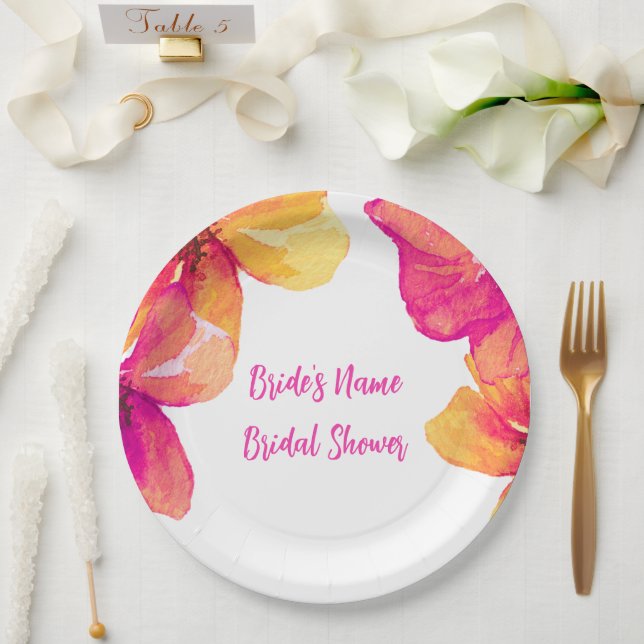 Plato De Papel Invitación de ducha de novia floral rosa Hibiscus  (Boda)