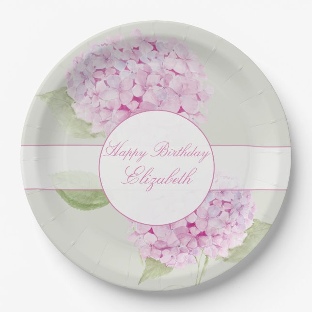 Plato De Papel Invitación de Hortensia Rosa Acuarela (Anverso)