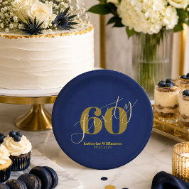 Plato De Papel Invitación elegante de cumpleaños número 60 azul y