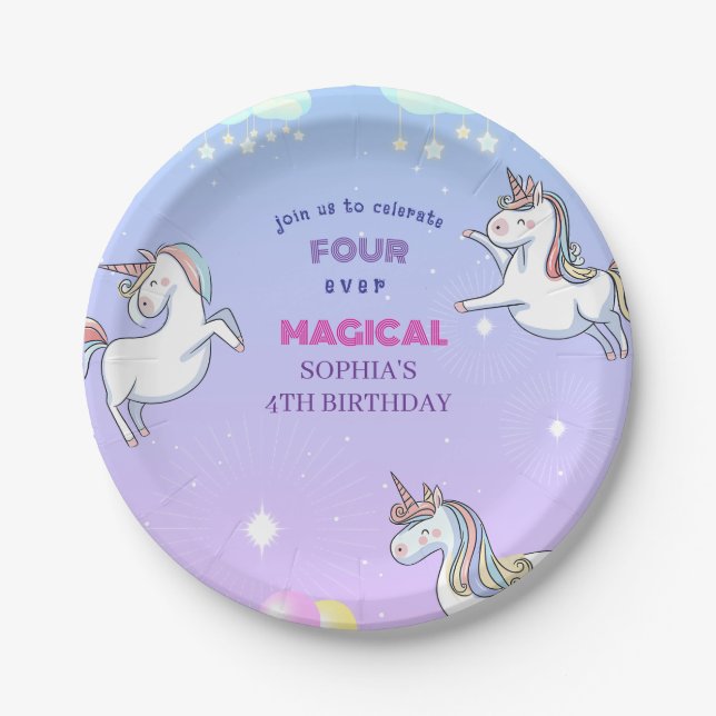 Plato De Papel Invitación mágica de unicornio (Anverso)