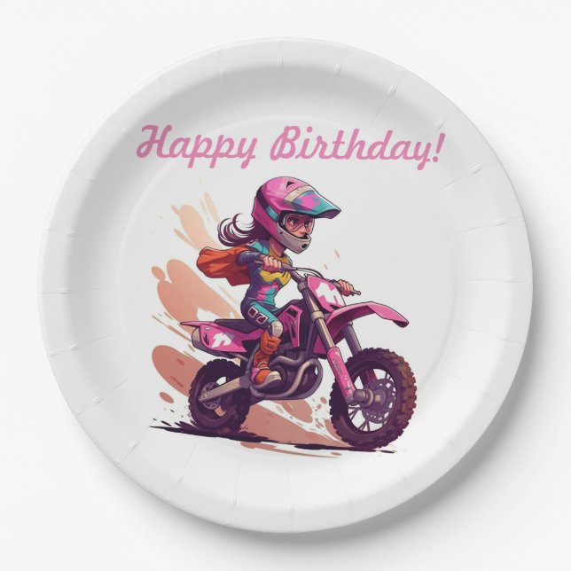 Plato De Papel Invitación Motocross Chica personalizada (Anverso)