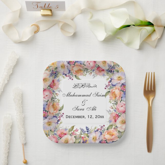 Plato De Papel Invitación musulmana de flor rosa moderna Nikah (Boda)
