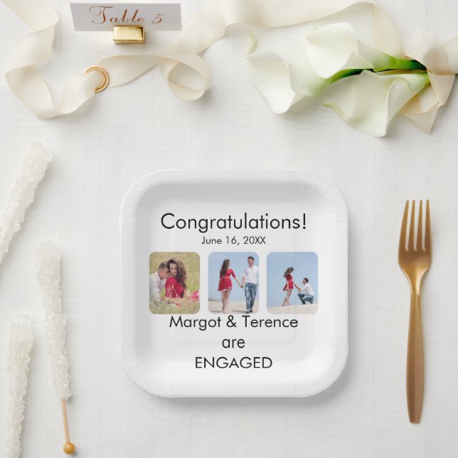 Plato De Papel Invitación personalizada de compromiso de 3 fotogr (Boda)