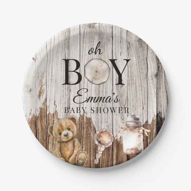 Plato De Papel Invitación Rustic Wood Oh Boy Baby Shower (Anverso)