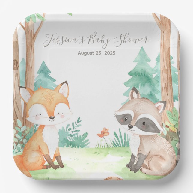 Plato De Papel Invitación temática de Cute Woodland Baby Shower (Anverso)