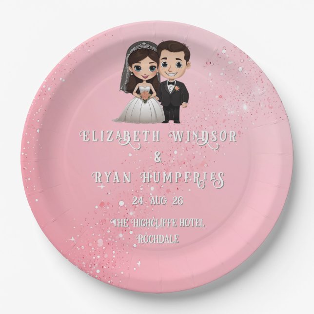 Plato De Papel Invitaciones a la boda rosa con paracaídas de diam (Anverso)