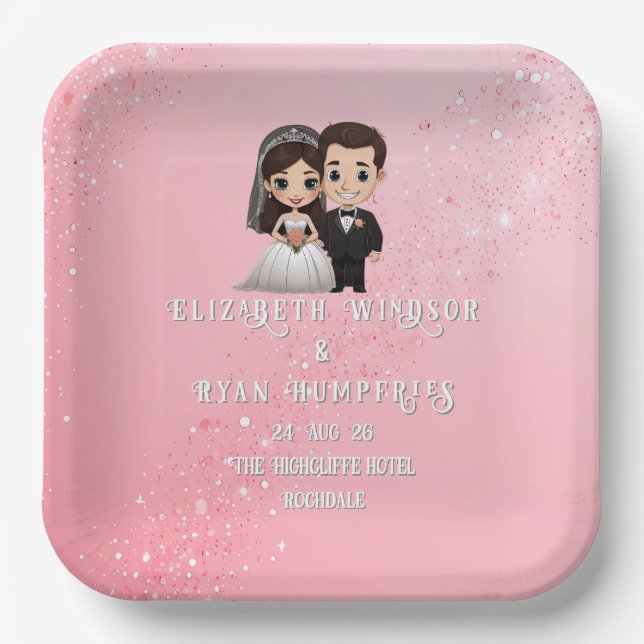 Plato De Papel Invitaciones a la boda rosa con paracaídas de diam (Anverso)