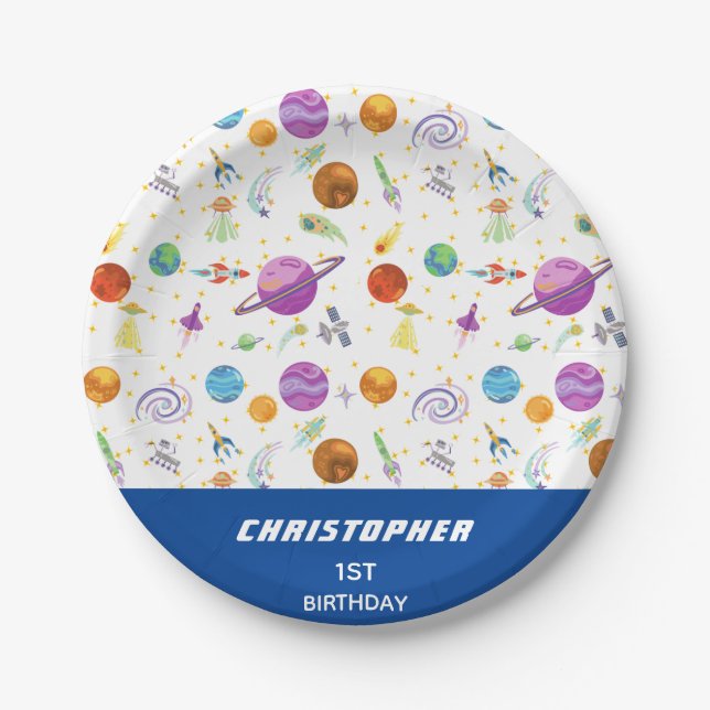 Plato De Papel Ir al espacio Cumpleaños personalizado (Anverso)