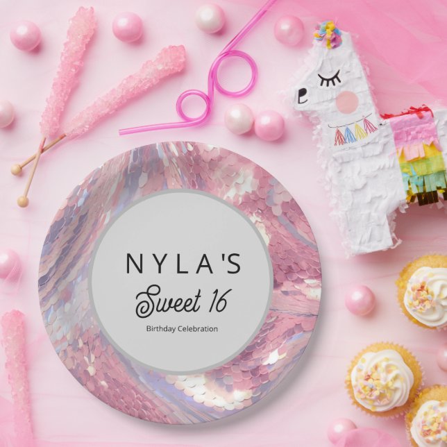 Plato De Papel Iridesecent Pink and Purple Sequin (Fiesta)