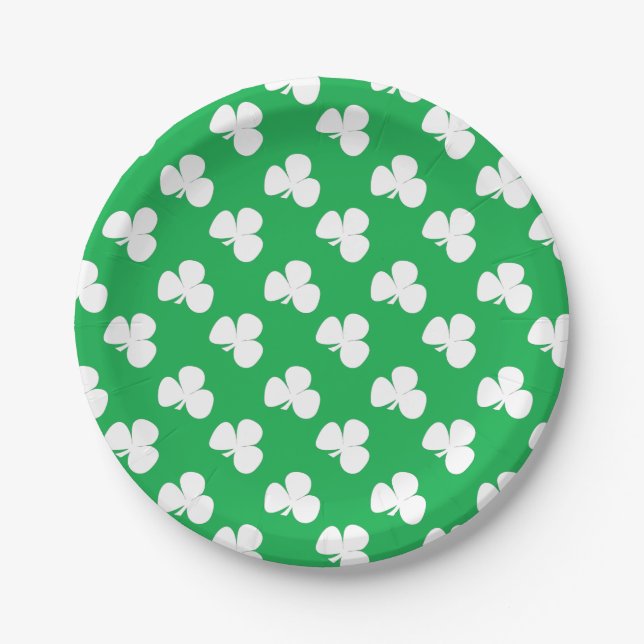 Plato De Papel Irish Clover St. Patrick's Day vibrante blanco ver (Anverso)