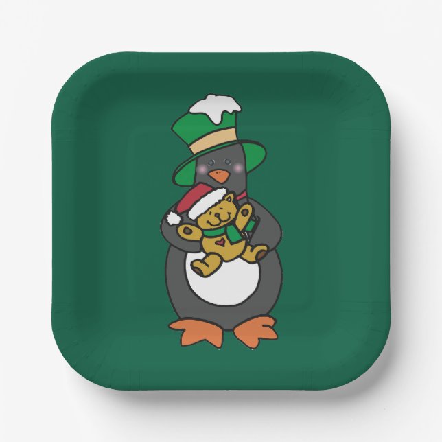 Plato De Papel Irish Penguin Holding Christmas Teddy Bear (Anverso)