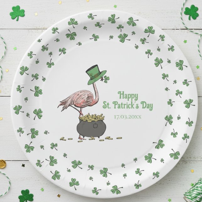 Plato De Papel Irish Shamrock Flamingo St. Patrick’s Day Party (Cute Saint Patrick's Day Party Paper Plates. Lucky Green Clover Border with Funny Irish Flamingo)