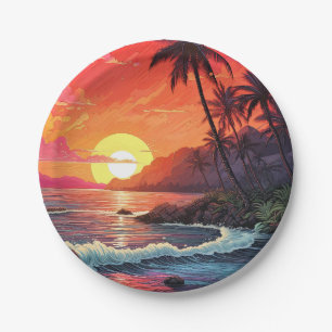 Plato De Papel Isla paraíso de playa tropical al atardecer