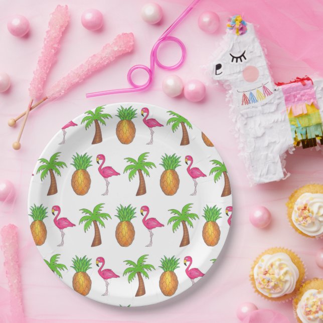 Plato De Papel Isla Tropical Palm Tree Pineapple Flamingo Rosa (Fiesta)