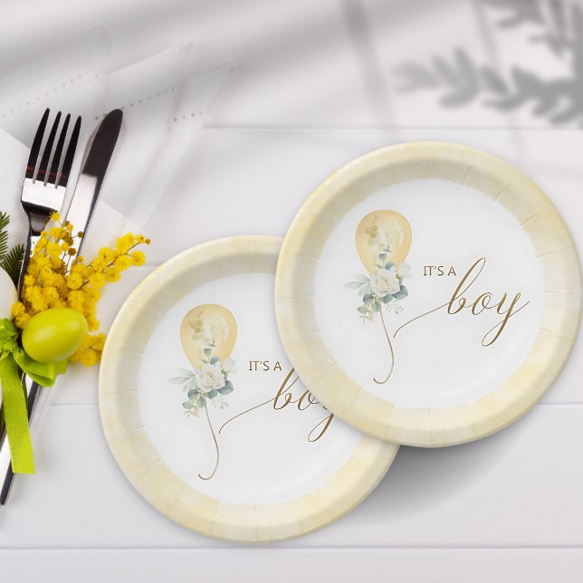 Plato De Papel It’s A Boy Baby Shower –Gold Balloon & Greenery (Subido por el creador)