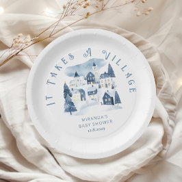 Plato De Papel It takes a Village Winter Night Snow Baby Shower