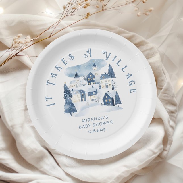 Plato De Papel It takes a Village Winter Night Snow Baby Shower (Subido por el creador)