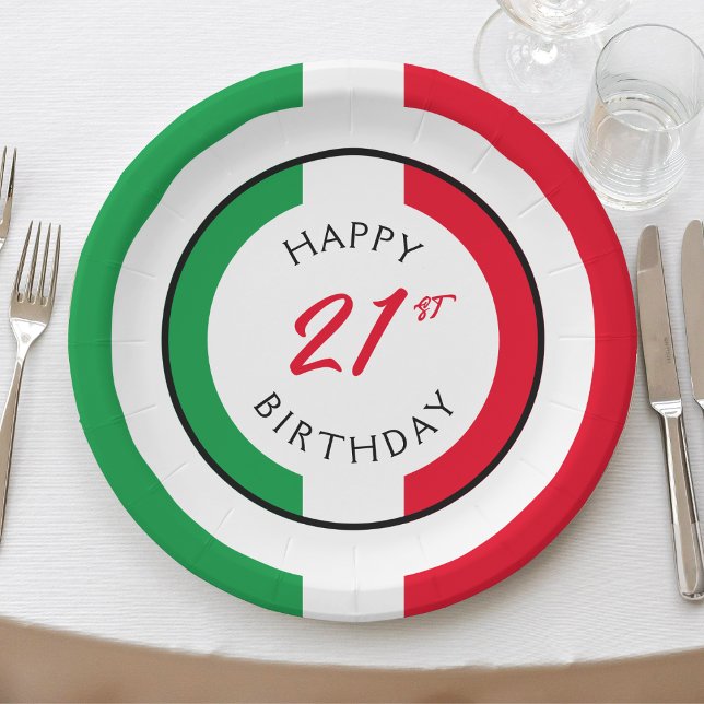 Plato De Papel Italia Italia Bandera italiana Feliz cumpleaños (Italy Italian flag happy 21st birthday paper plates)