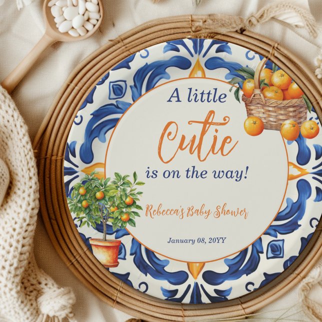 Plato De Papel Italiano Blue Tile Cutie Naranja Citrus Baby Showe (Subido por el creador)