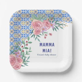 Plato De Papel Italiano Blue Tile Mamma Mia Baby Shower