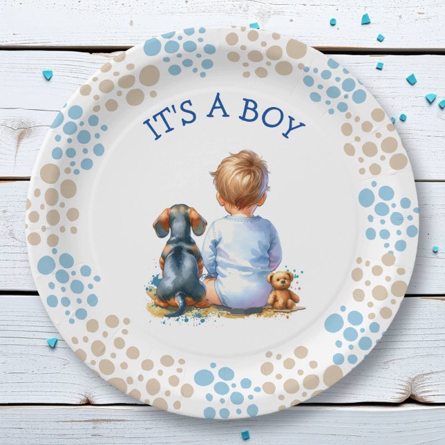 Plato De Papel It's a Boy | Baby and Dachshund Puppy Baby Shower (Subido por el creador)