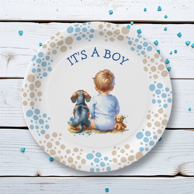 Plato De Papel It's a Boy | Baby and Dachshund Puppy Baby Shower (Subido por el creador)