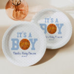 Plato De Papel It's a Boy! Baby Shower de baloncesto azul<br><div class="desc">Estas son placas de papel con temática de baloncesto con un diseño de puntos polka azul. It's a Boy! El diseño es sencillo y minimalista.</div>
