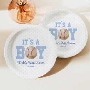 Plato De Papel It's a Boy! Baby Shower de béisbol azul