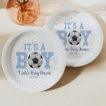 Plato De Papel It's a Boy! Baby Shower de Blue Soccer<br><div class="desc">Estas son placas de papel con temática de fútbol con un diseño de puntos de polka azul. It's a Boy! El diseño es sencillo y minimalista.</div>