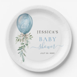 Plato De Papel It's A Boy Blue Balloon Bow Greenery Baby Shower