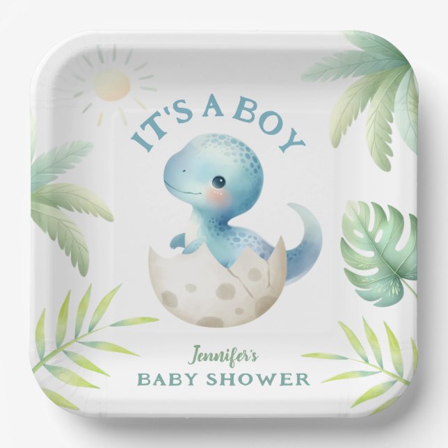 Plato De Papel It's a Boy! Cute Dino Boy Dinosaur Baby Shower (Anverso)