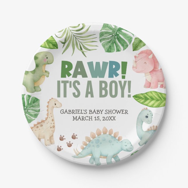 Plato De Papel It's a Boy Dinosaur Baby Shower (Anverso)