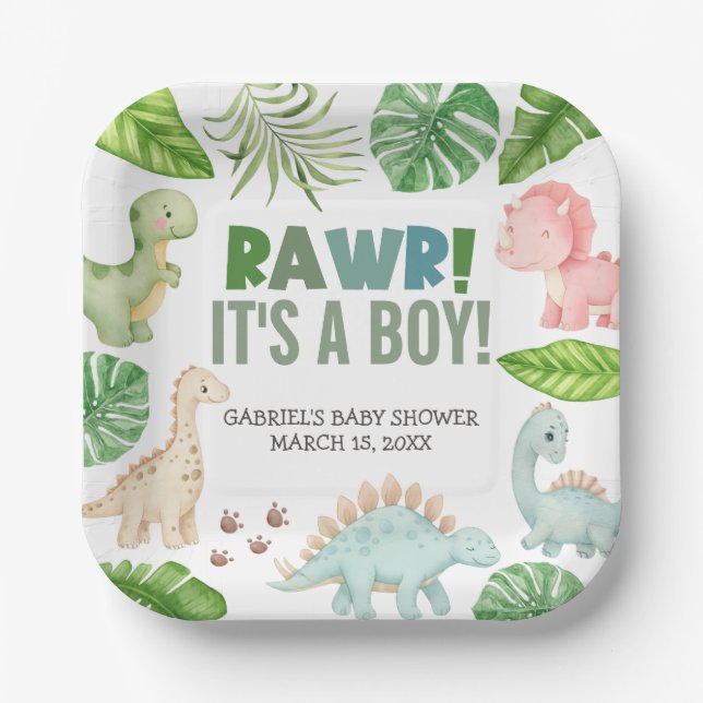 Plato De Papel It's a Boy Dinosaur Baby Shower (Anverso)