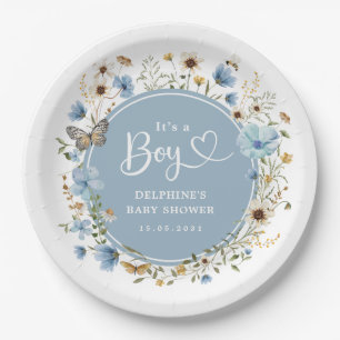 Plato De Papel It's a Boy   Dusty Blue Wildflower Baby Shower