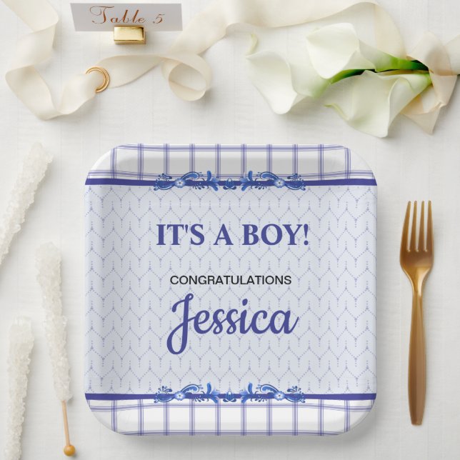 Plato De Papel It's A Boy Elegant Blue Baby Shower (Boda)