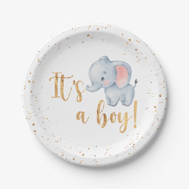 Plato De Papel It's a Boy! Elephant Baby Shower Fiesta (Anverso)