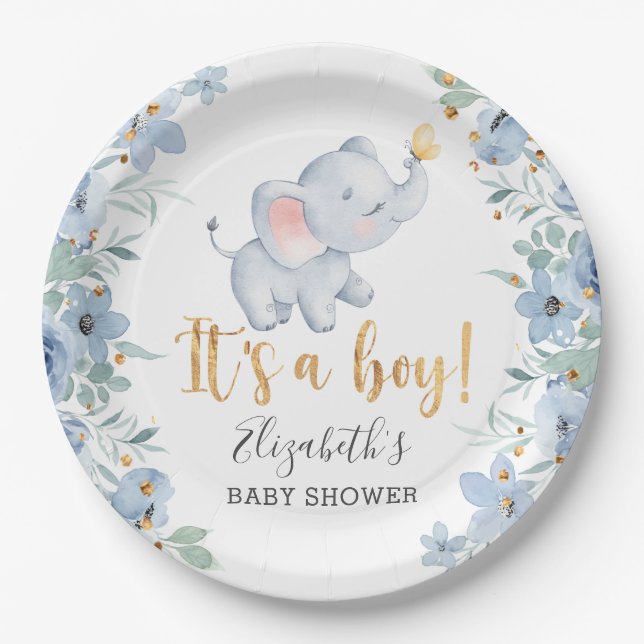 Plato De Papel It's a Boy! Fiesta de Baby Shower para elefantes d (Anverso)