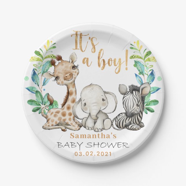 Plato De Papel It's a Boy! Safari Baby Shower Plate (Anverso)