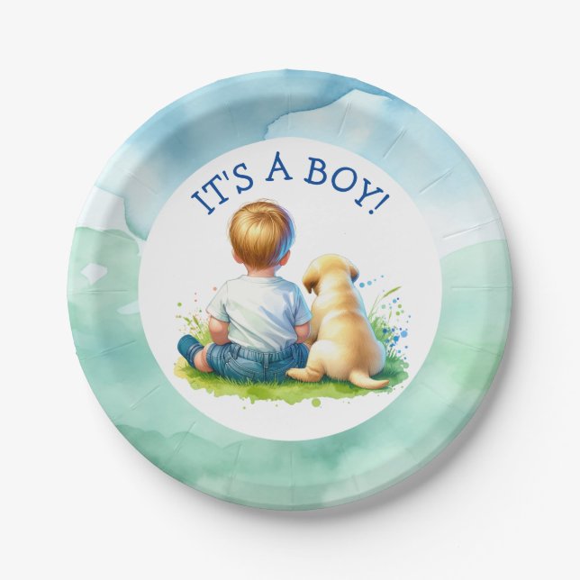 Plato De Papel It's a Boy | Un bebé y su Baby Shower de perro (Anverso)