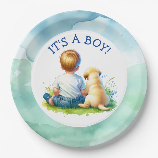 Plato De Papel It's a Boy | Un bebé y su Baby Shower de perro (Anverso)