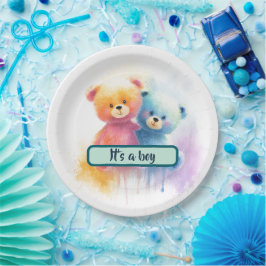 Plato De Papel It's a Boy! Watercolor Baby Shower Paper Plates