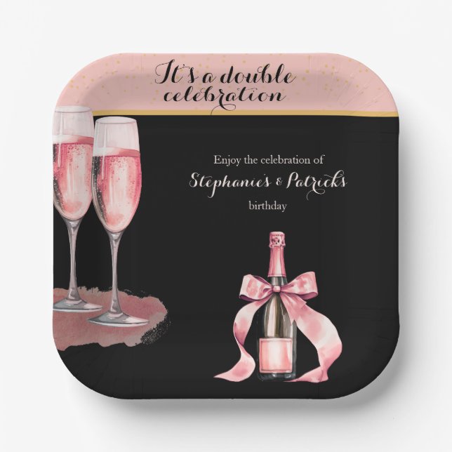 Plato De Papel It's a Double Celebration Black Champagne Birthday (Anverso)