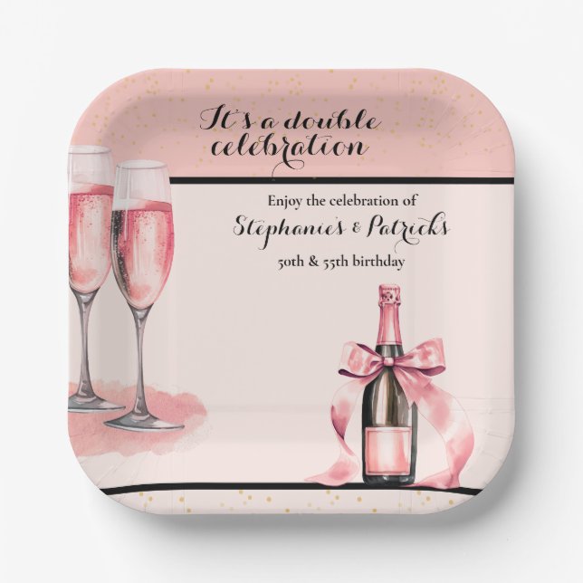 Plato De Papel It's a Double Celebration Pink Champagne Birthday (Anverso)